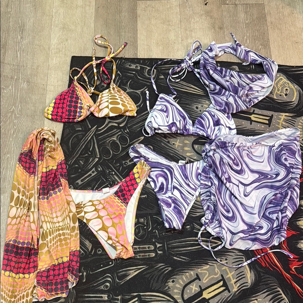 Set of Printed Headscarf, Wrap Skirt, Bikini Four-piece And Polka Dot Halter